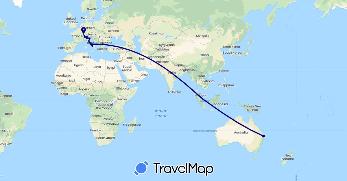 TravelMap itinerary: driving in Australia, Switzerland, Italy, Singapore (Asia, Europe, Oceania)